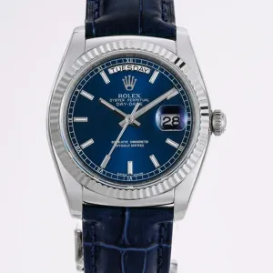 Day-Date 36 Blue Dial in White Gold on Leather Strap