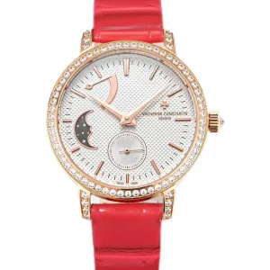 Traditionelle Moon Phase White Dial with Diamond Bezel in Pink Gold on Red Leather Strap